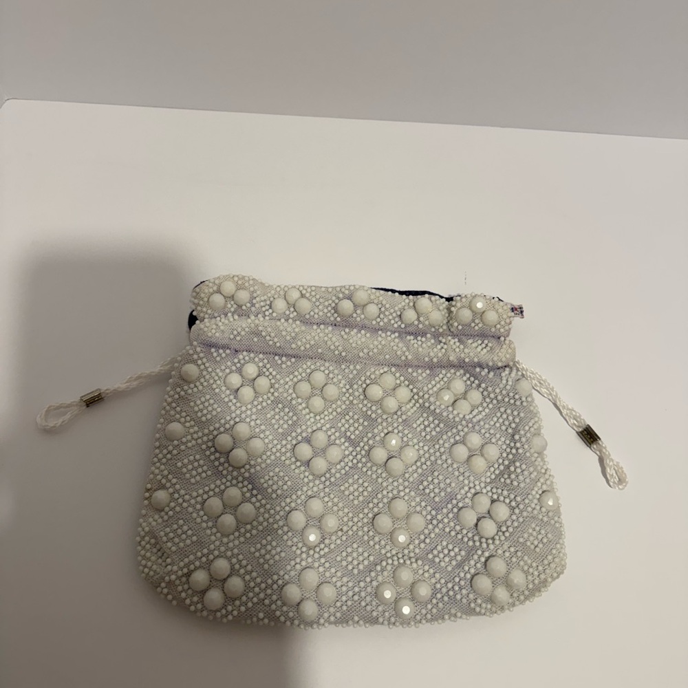 Vintage Mr. Jonas Beaded Drawstring Bag Purse 50’s-60’s Reversible Cream White